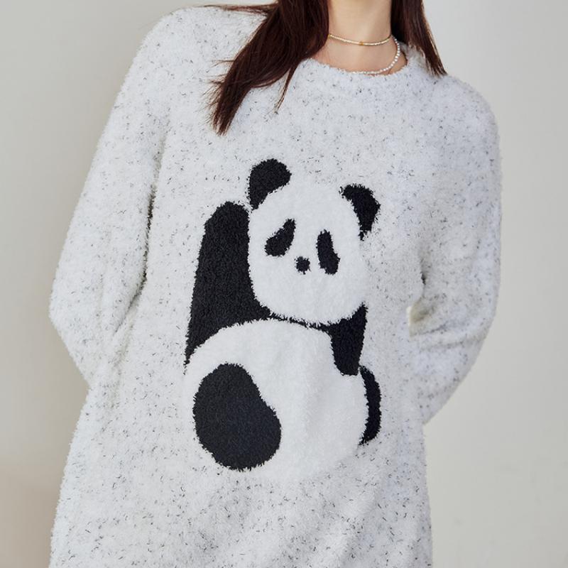 Grey Panda Half-Pile Flannel Pullover Long-Sleeved Pant Pajamas Set