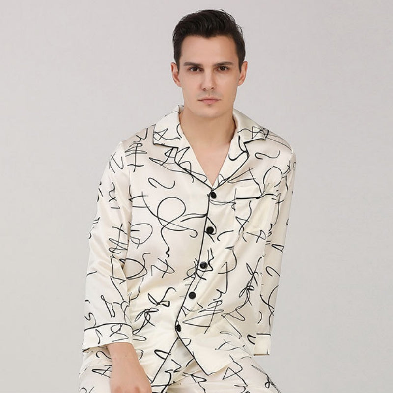 19 Momme 100% Mulberry Silk Line Printed Men's Long Sleeve Pajamas Set