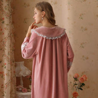 Leather Pink Lapel Lace Velvet Long Sleeve Nightdress