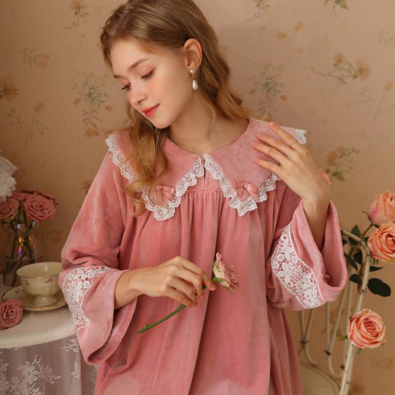 Leather Pink Lapel Lace Velvet Long Sleeve Nightdress