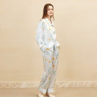 19 Momme Mulberry Silk Small Daisy Print Long Sleeve Trousers Pajamas Set