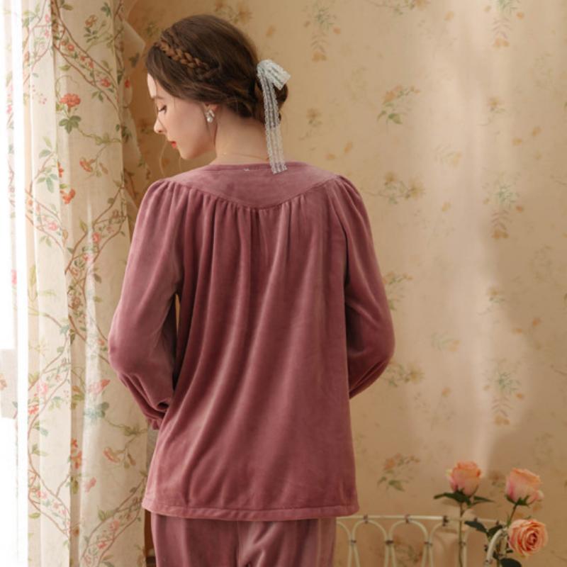 Fuchsia V-Neck Lace Velvet Long Sleeve Trousers Pajamas Set