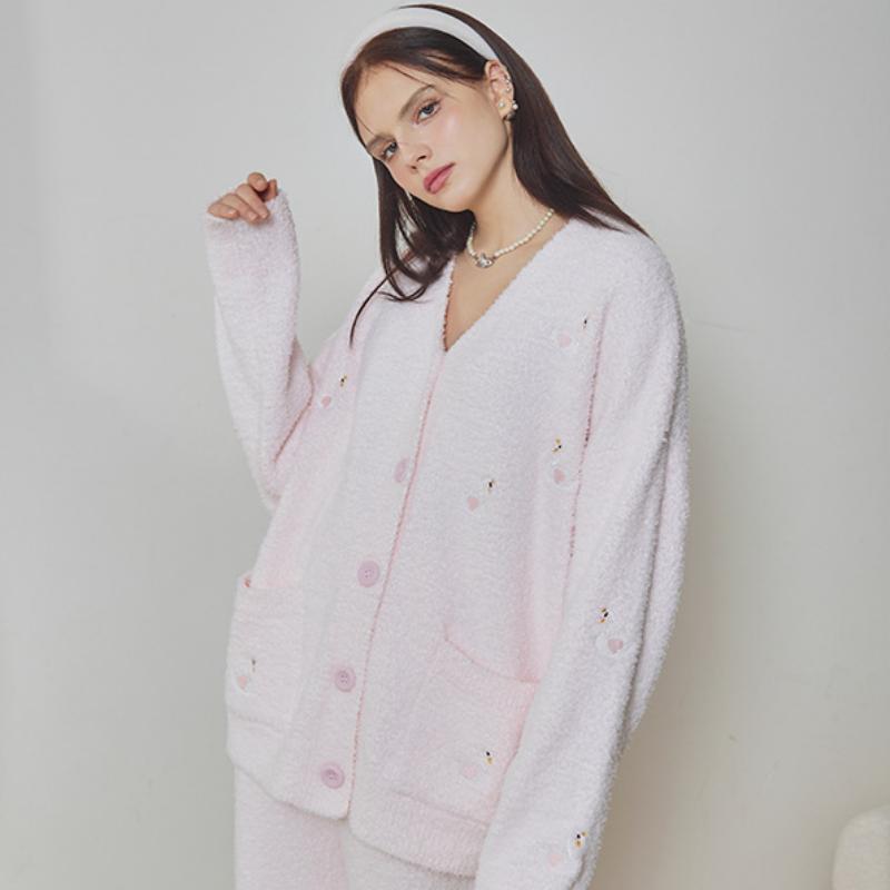 Pink Swan Half-Pile Flannel Long Sleeve Trousers Pajamas Set