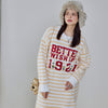 Yellow Purple Stripe Letter Embroidery Half-Pile Flannel Pullover Long-Sleeved Nightdress