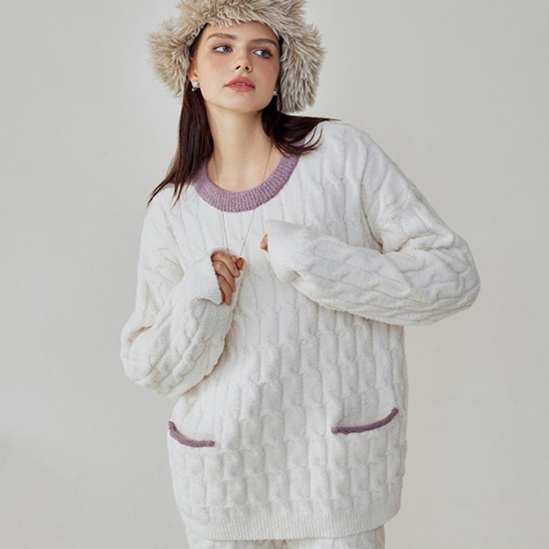 White Half-Pile Flannel Pullover Long Sleeve Trousers Pajamas Set