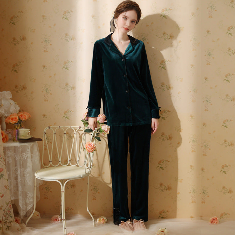 Simple Solid Color V-Neck Velvet Long Sleeve Trousers Pajamas Set