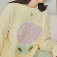 Yellow Large flowers Half-Pile Flannel Pullover Long Sleeve Trousers Pajamas Set