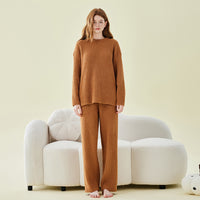 Solid Color Velvet Half Side Long Sleeve Trousers Pajamas Set