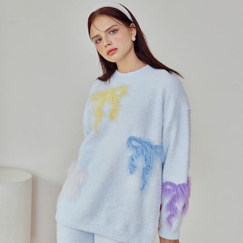 Blue Bow Embroidery Half-Pile Flannel Pullover Long Sleeve Trousers Pajamas Set