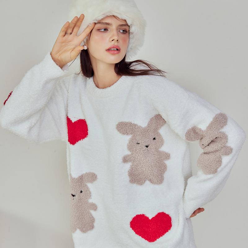 Heart And Rabbit Half-Pile Flannel Pullover Long-Sleeved Pant Pajamas Set