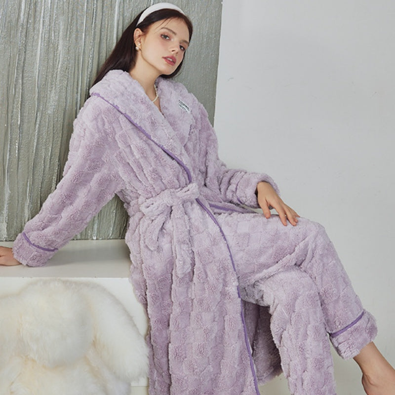 Purple Thickening Half-Pile Flannel Long-Sleeved Trousers Robe Set