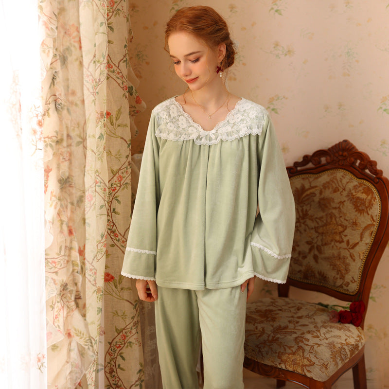 Solid Color V-Neck Floral Lace Velvet Long Sleeve Pants Pajamas Set