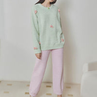 Light Green Bow Half-Pile Flannel Pullover Long Sleeve Trousers Pajamas Set