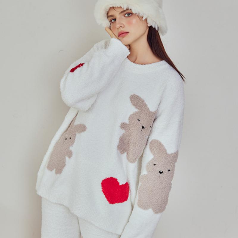 Heart And Rabbit Half-Pile Flannel Pullover Long-Sleeved Pant Pajamas Set