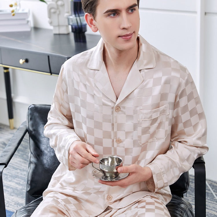 19 Momme 100% Mulberry Silk Square Lattice Jacquard Pattern Men's Long Sleeve Pajamas Set