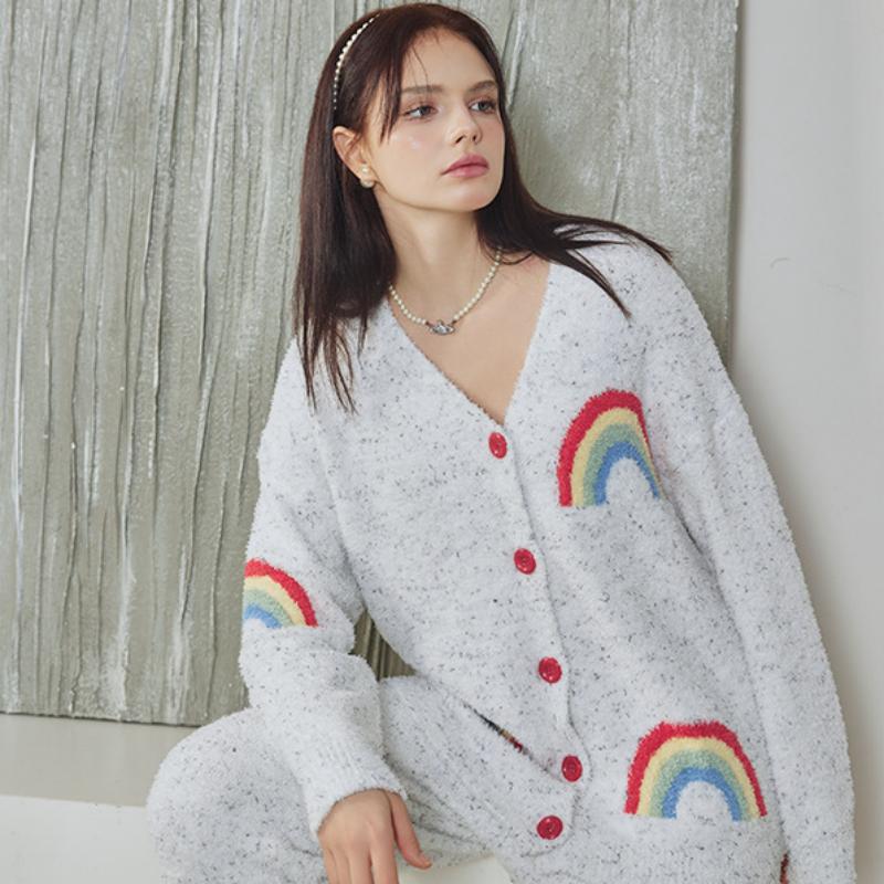 Grey Small Rainbow Half-Pile Long Sleeve Trousers Pajamas Set