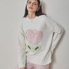 White Large flowers Half-Pile Flannel Pullover Long Sleeve Trousers Pajamas Set