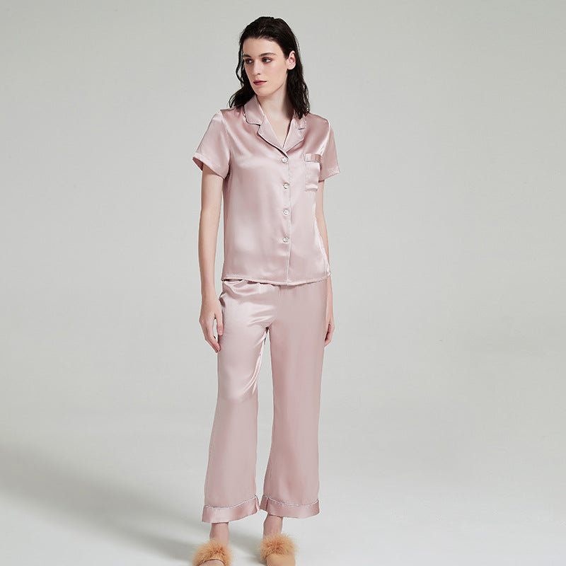 19 Momme Mulberry Silk Solid Short Sleeve Trousers Pajamas Set