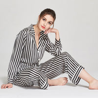 16 Momme Mulberry Silk Vertical Stripe Long Sleeve Trousers Pajamas Set