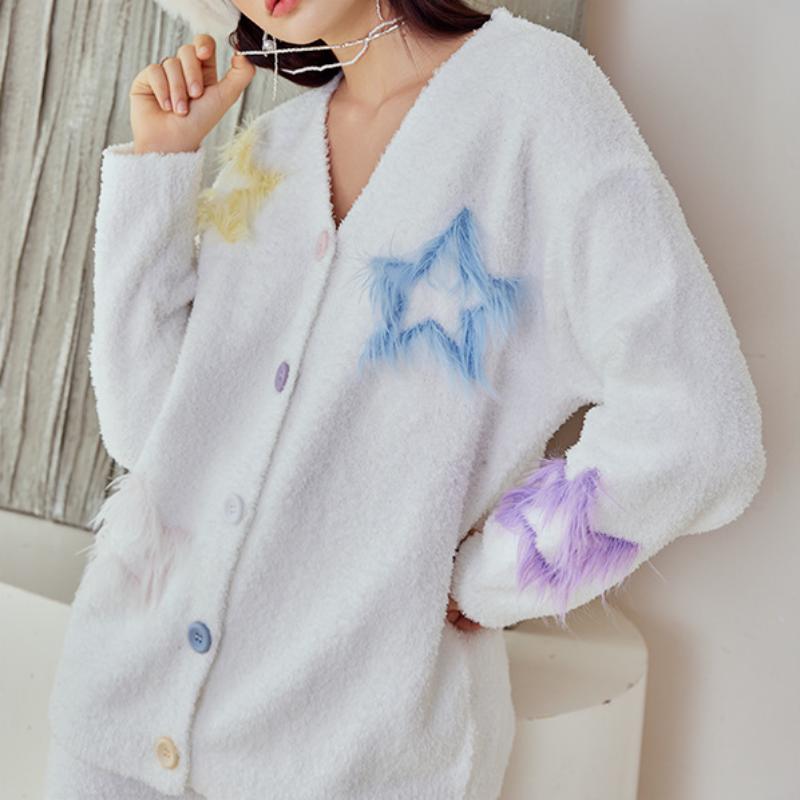 White Stars Half-Pile Long Sleeve Trousers Pajamas Set