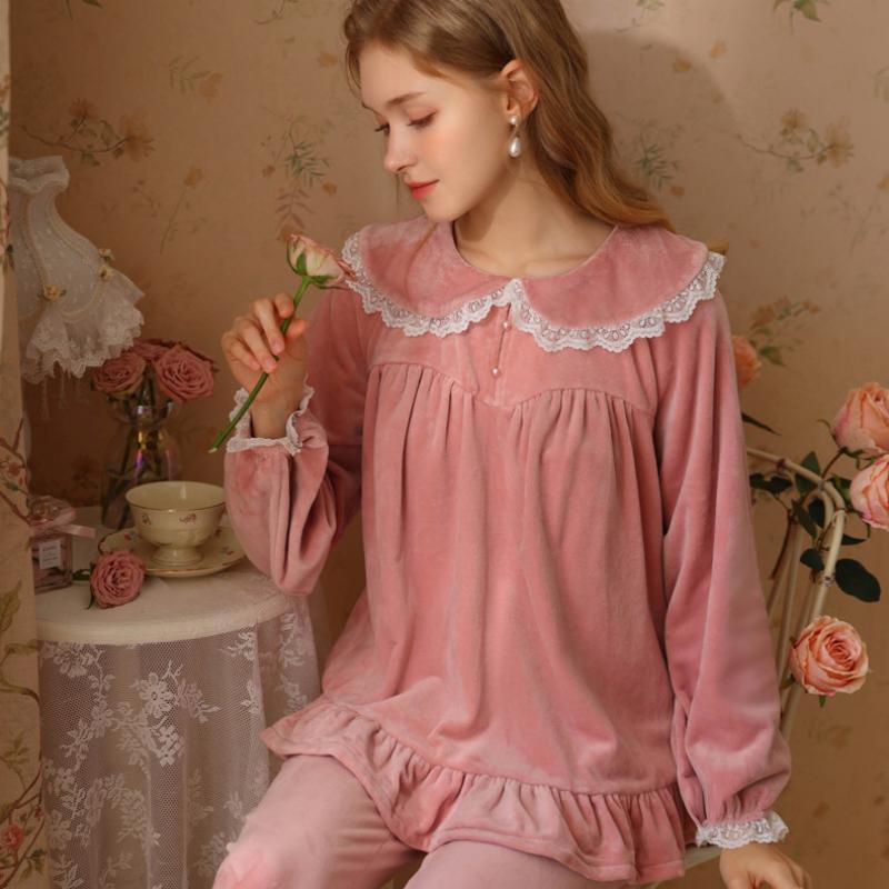 Solid Color Doll Collar Lace Velvet Long Sleeve Pants Pajamas Set