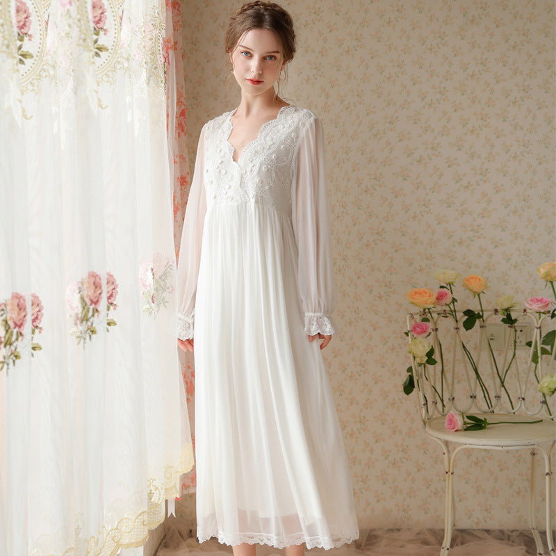 Gauze Lace Long-Sleeved Nightdress With Puff Sleeves