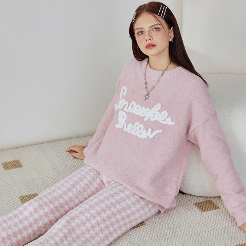 Pink Letter Embroidery Half-Pile Flannel Pullover Long Sleeve Trousers Pajamas Set