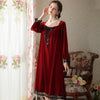 Burgundy Square Collar Bow Velvet Long Sleeve Nightdress