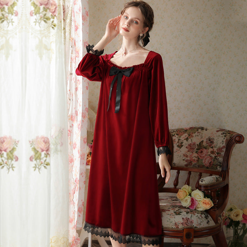 Burgundy Square Collar Bow Velvet Long Sleeve Nightdress