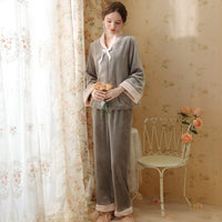 Elegant Grey Velvet Long Sleeve Trousers Pajama Set With Bow