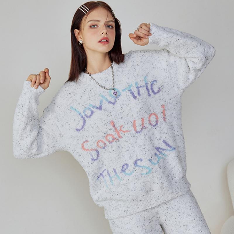 Coloured Letter Embroidery Grey Half-Pile Flannel Pullover Long Sleeve Trousers Pajamas Set