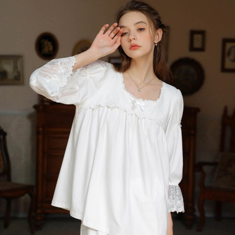 Cute Solid Color Bow Long Sleeve Pants Pajamas Set