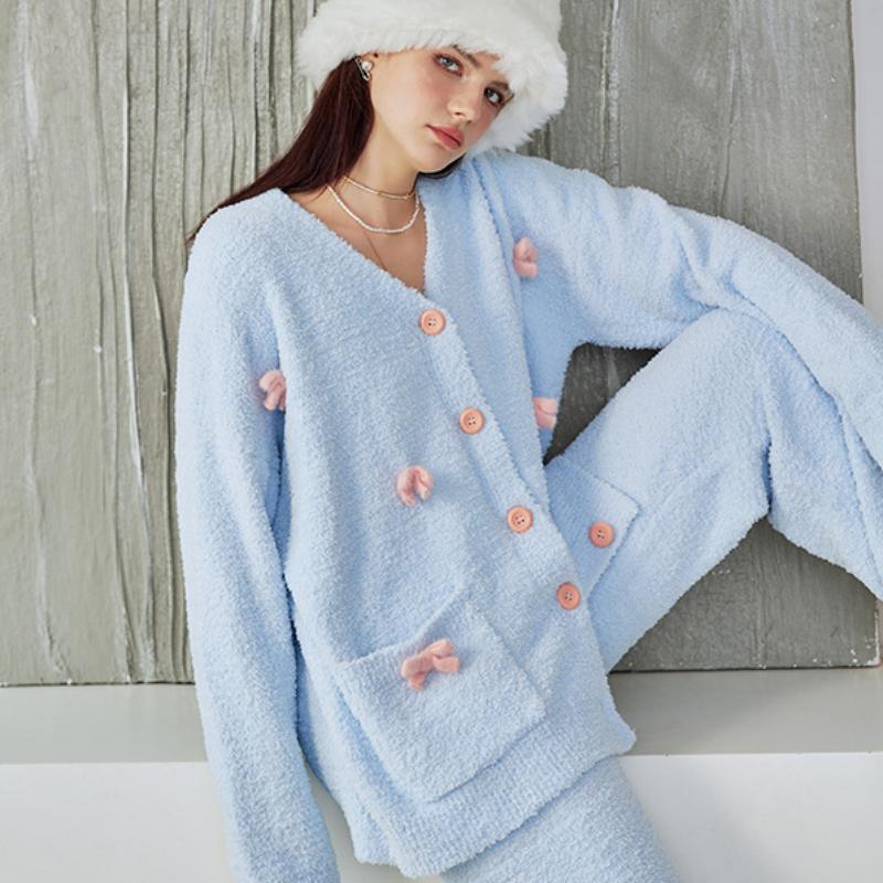 Blue Bow Half-Pile Flannel Long Sleeve Trousers Pajamas Set