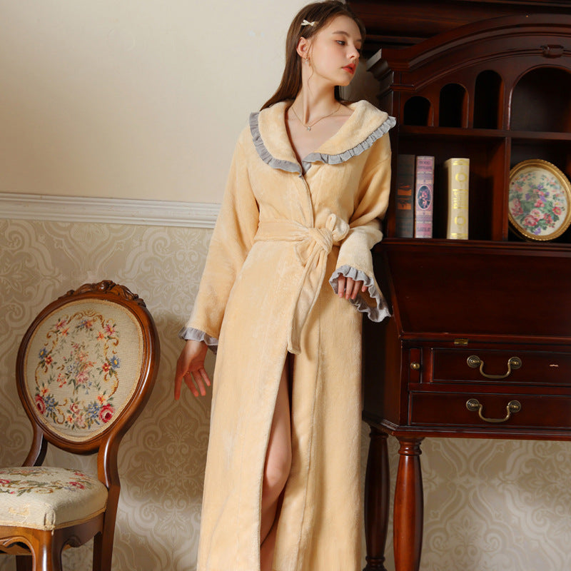 Vintage Yellow Lapel Velvet Long-Sleeved Robe