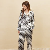 19 Momme Mulberry Silk Houndstooth Long Sleeve Trousers Pajamas Set