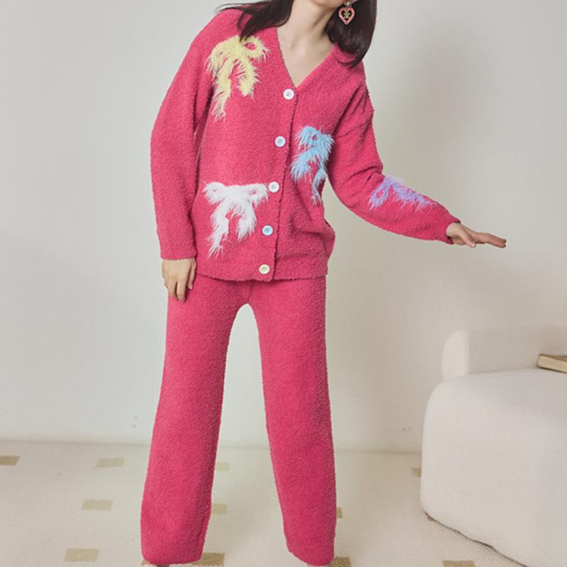 Rose Red Bow Embroidery Half-Pile Flannel Long Sleeve Trousers Pajamas Set