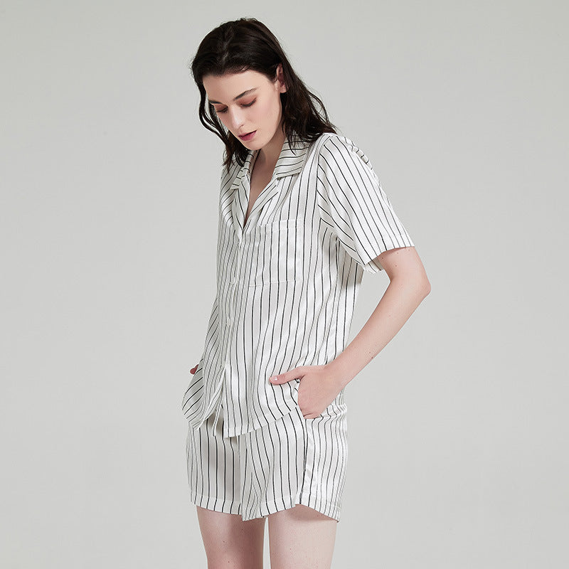 19 Momme Mulberry Silk Vertical Stripe Short Sleeve Shorts Pajamas Set