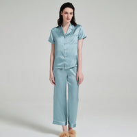 19 Momme Mulberry Silk Solid Short Sleeve Trousers Pajamas Set