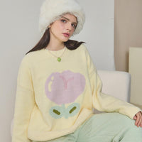 Yellow Large flowers Half-Pile Flannel Pullover Long Sleeve Trousers Pajamas Set