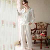 White V-Shaped Low Neck Long Sleeve Pants Pajamas Suit