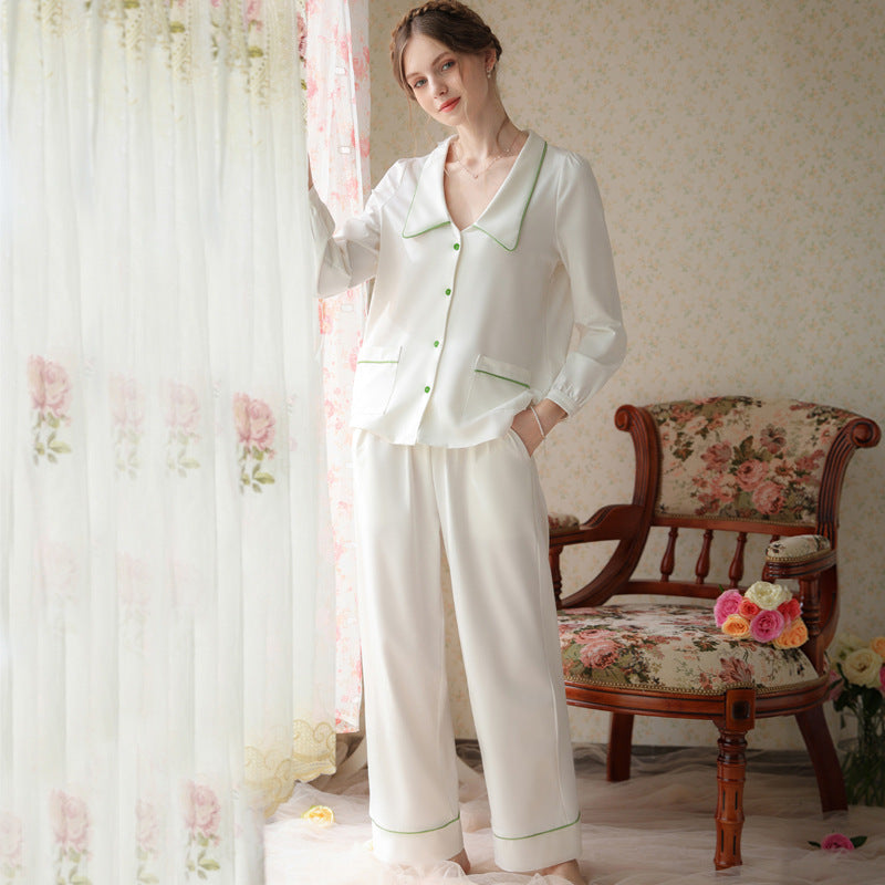 White V-Shaped Low Neck Long Sleeve Pants Pajamas Suit