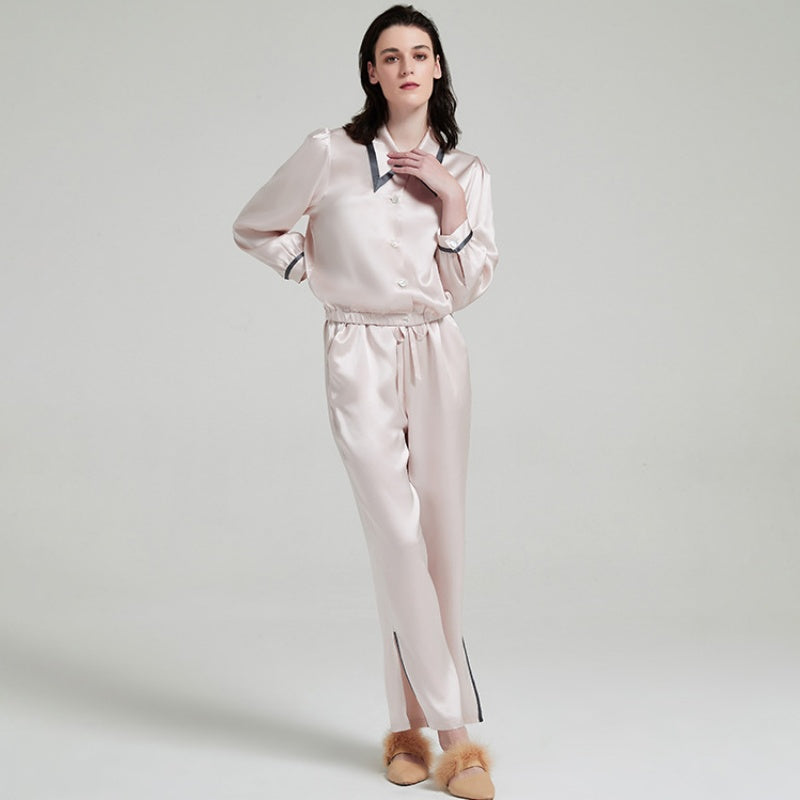 19 Momme Mulberry Silk Peaked Lapel Long Sleeve Trousers Pajamas Set