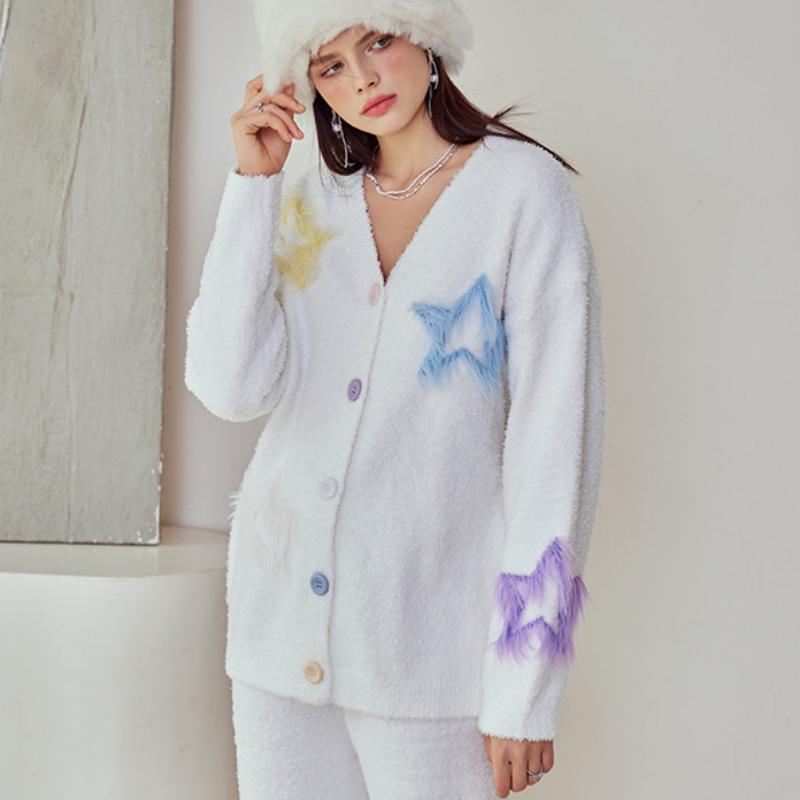 White Stars Half-Pile Long Sleeve Trousers Pajamas Set