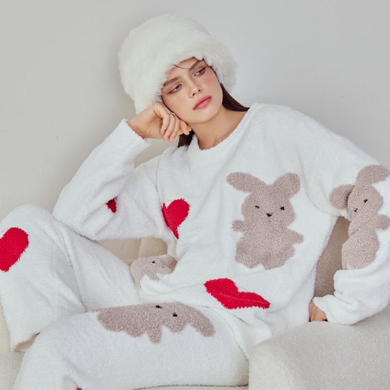 Heart And Rabbit Half-Pile Flannel Pullover Long-Sleeved Pant Pajamas Set