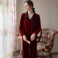 Simple Burgundy Lapel Velvet Long Sleeve Trousers Pajamas Set