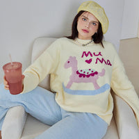 Light Yellow Hobbyhorse Half-Pile Flannel Pullover Long Sleeve Trousers Pajamas Set