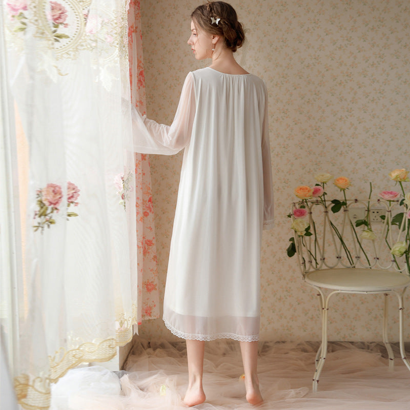 Palace Style Retro Lace Bow V-Neck Long-Sleeved Nightdress