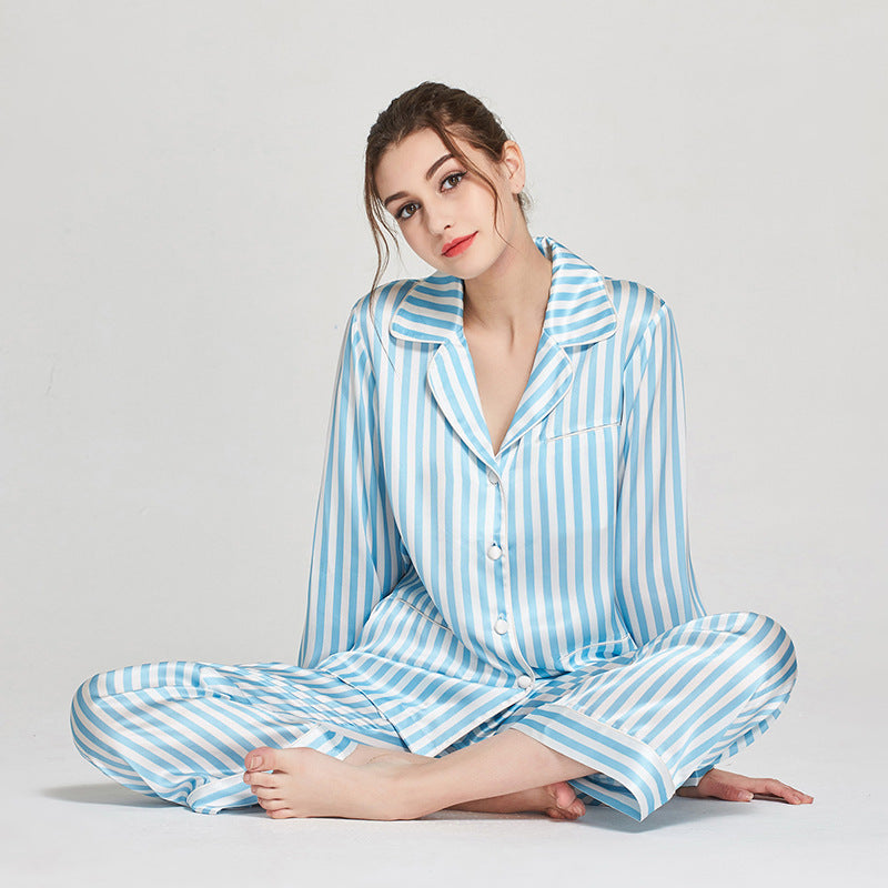 16 Momme Mulberry Silk Vertical Stripe Long Sleeve Trousers Pajamas Set