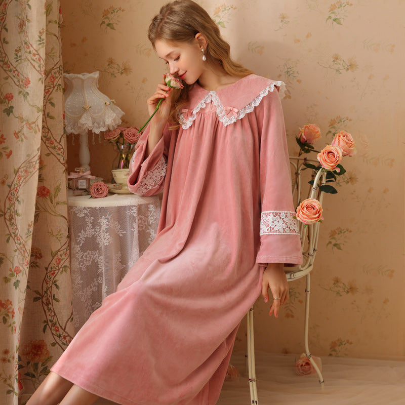 Leather Pink Lapel Lace Velvet Long Sleeve Nightdress