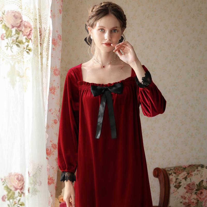 Burgundy Square Collar Bow Velvet Long Sleeve Nightdress